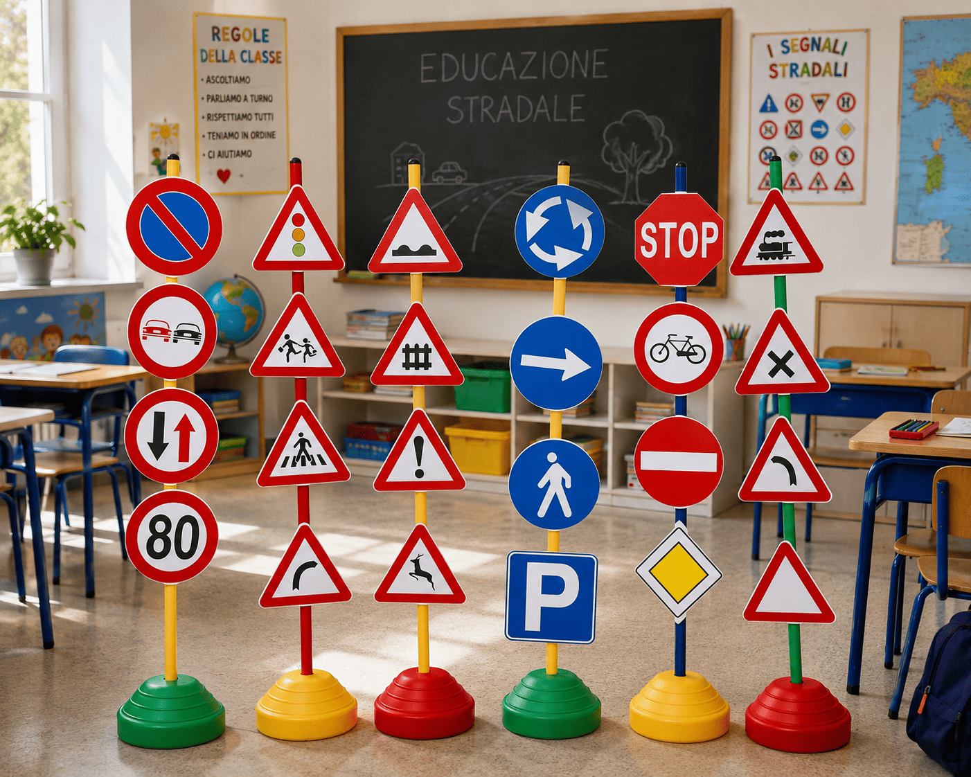 Set di segnali stradali per bambini in aula scolastica per attività di educazione stradale